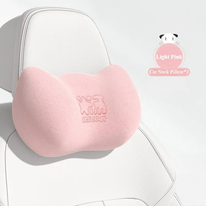 Plush Car Neck Pillow and Waist Pillow Set - Cute Pink Auto Headrest and Lumbar Support - Kawaii Car Seat Pillow for Comfort and Relaxation - Delicate Leather
