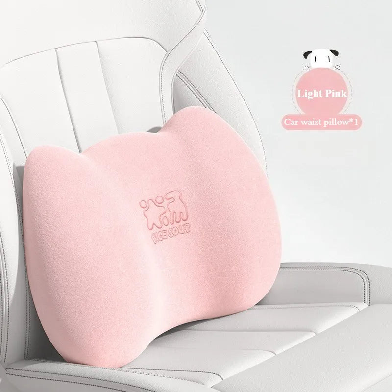 Plush Car Neck Pillow and Waist Pillow Set - Cute Pink Auto Headrest and Lumbar Support - Kawaii Car Seat Pillow for Comfort and Relaxation - Delicate Leather