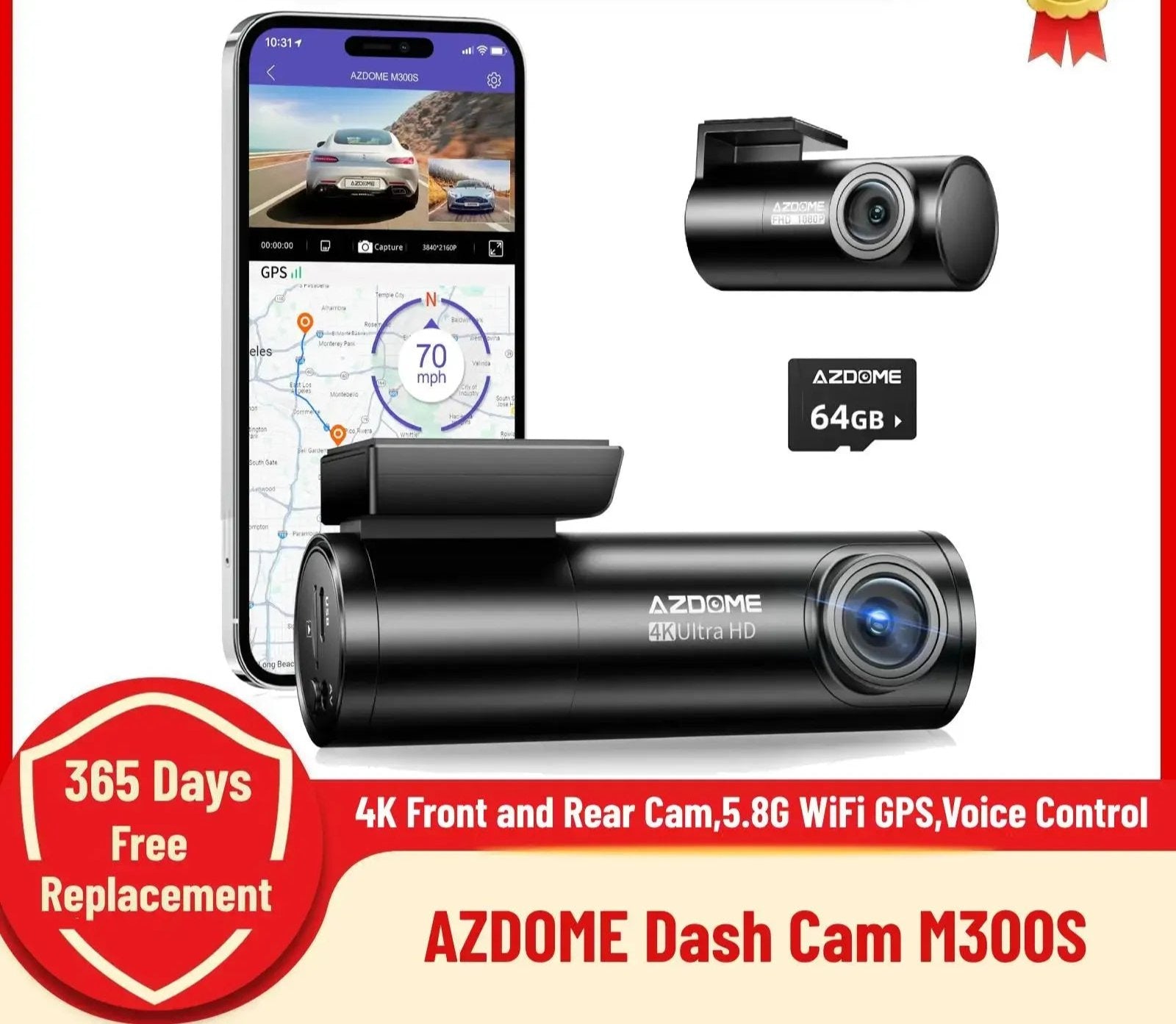 4K AZDOME M300S Dash Cam – Front and Rear, GPS, 5.8G WiFi, WDR Night Vision, with Voice Control and Free 64GB SD Card 29 - Delicate Leather