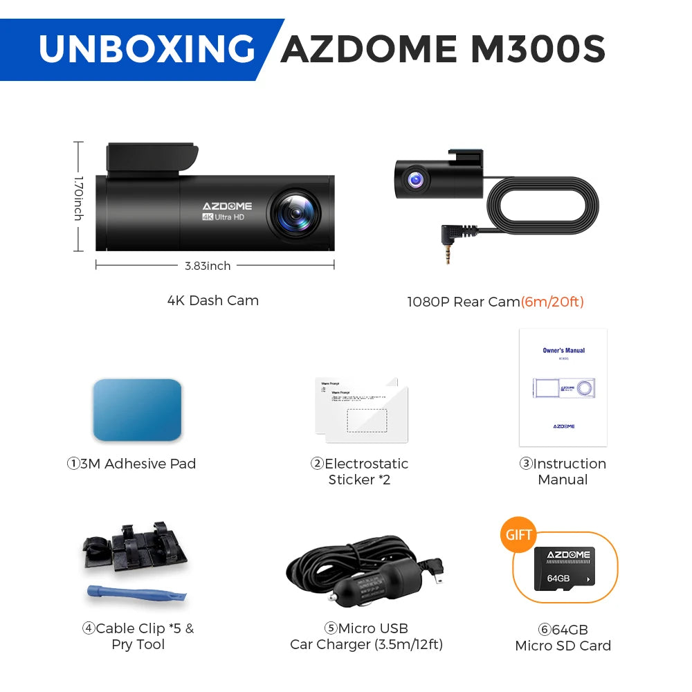 4K AZDOME M300S Dash Cam – Front and Rear, GPS, 5.8G WiFi, WDR Night Vision, with Voice Control and Free 64GB SD Card 29 - Delicate Leather