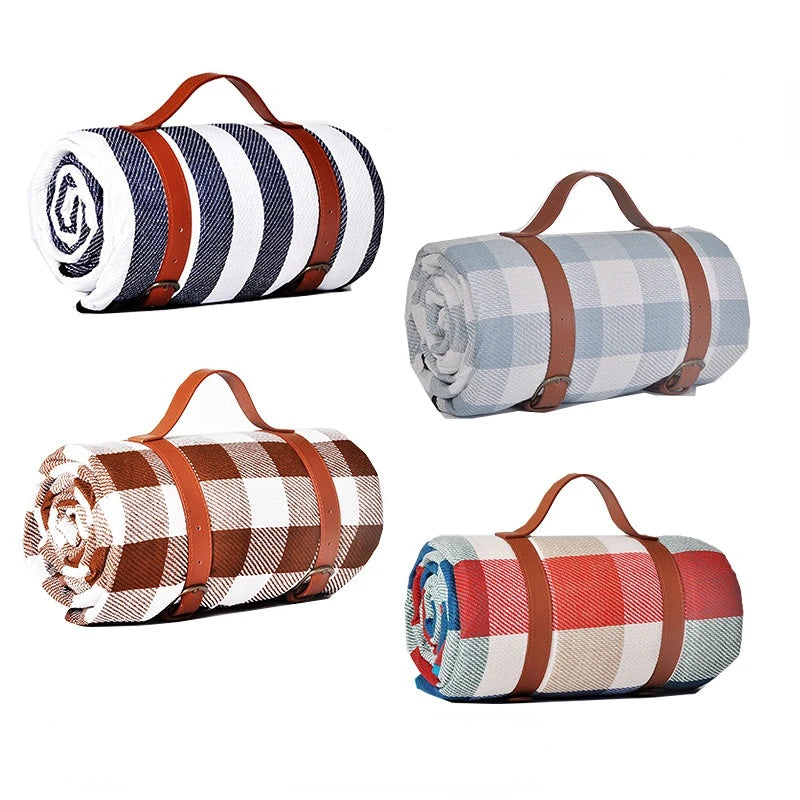 Waterproof Outdoor Picnic Mat Colorful Plaid Stripe Rectangular Sleeping Blanket Pad, Ideal for Camping, Beach Trips, and as a Living Room Carpet - Delicate Leather