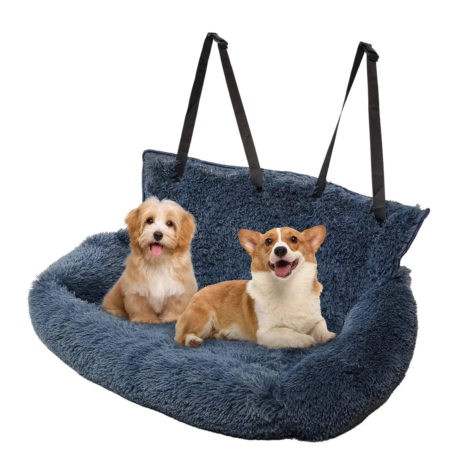 Pet Car Seat Dog Travel Multi-Functional Seat, Warm Plush Pet Booster Seat Travel Dog Car Bed with Storage Pocket and Clip-On Safety Leash Comfortable Dogs Car Seat