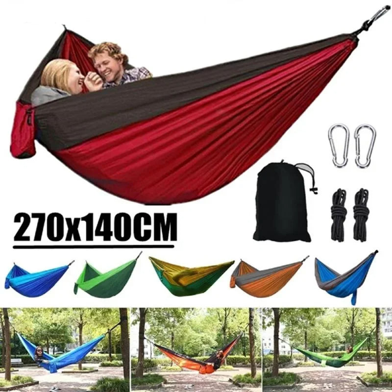 New Single Person Portable Outdoor Camping Hammock: High Strength Parachute Fabric Hanging Bed with Nylon Color Matching Hammock - Delicate Leather