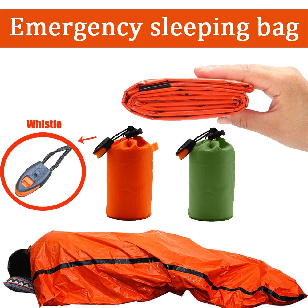 Portable Waterproof Emergency Survival Sleeping Bag: Essential Outdoor EDC Camping Gear, Thermal Sack First Aid Rescue Kit with Mylar Blanket - Delicate Leather