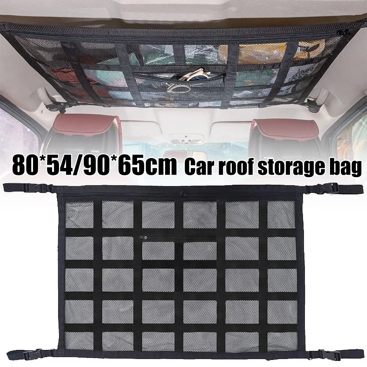 Car Ceiling Cargo Net and Net Pocket Kit, Car Roof Storage Organizer,Truck SUV Travel Long Road Trip Camping Interior Accessories - Delicate Leather