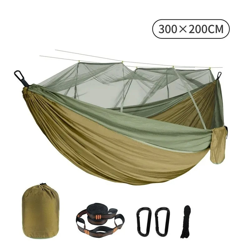 Double Mosquito Net Hammock: Plus Size Outdoor Anti-Mosquito Hammock with 300×200CM Umbrella Cloth, Nylon Anti-Rollover Design for Camping - Delicate Leather