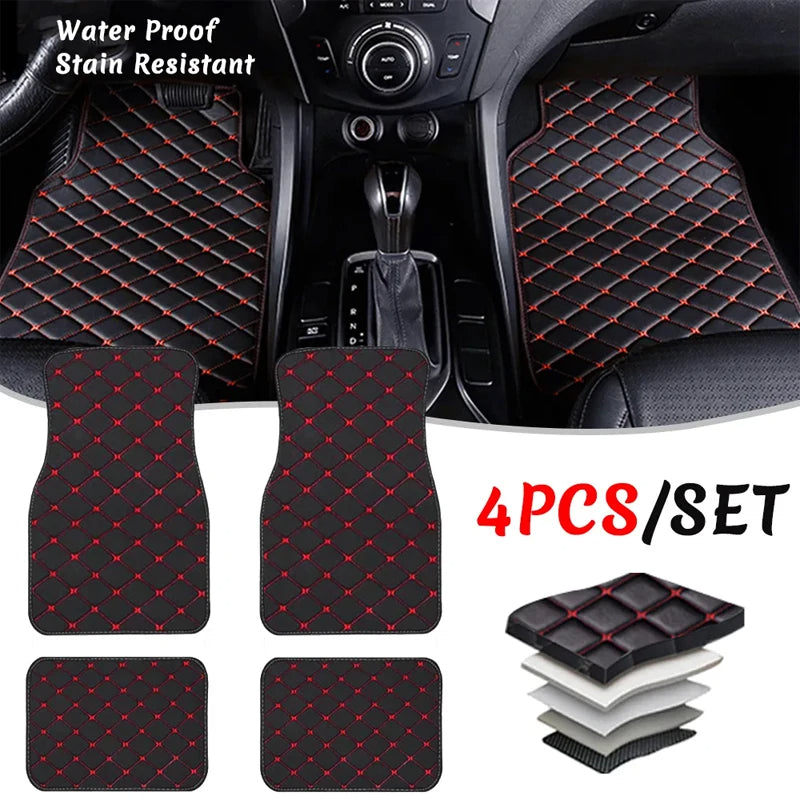 Universal 4pcs Waterproof Car Floor Mats: Front and Rear Full Set Auto Rugs with Leather Car Carpet Interior Accessories - Delicate Leather
