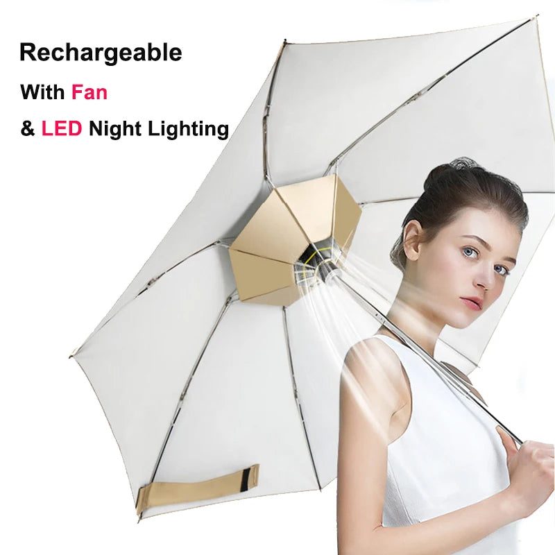 Manual Folding Umbrella with Fan & LED Lighting: Sunscreen UV-Proof Umbrella with USB Charging, Portable Cooling Mini Women Sunshade Umbrella for Outdoor Use - Delicate Leather