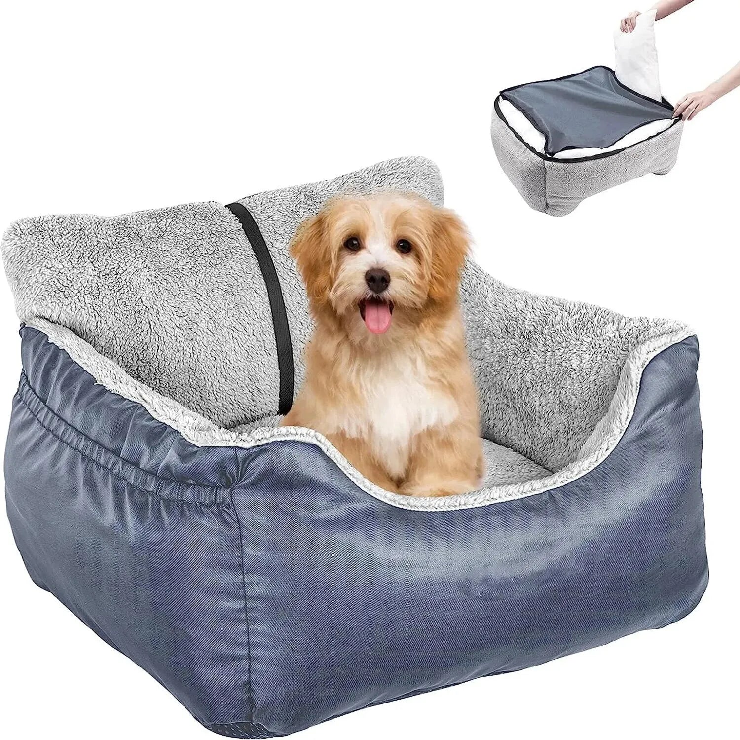 Dog Car Seat with Seat Belt Washable Dog Booster Seat for Small Dogs, Anti-Slip Travel Pet Car Bed for Front or Back Seat, Adjustable Safety Buckle, with Convenient Storage Pockets - Delicate Leather