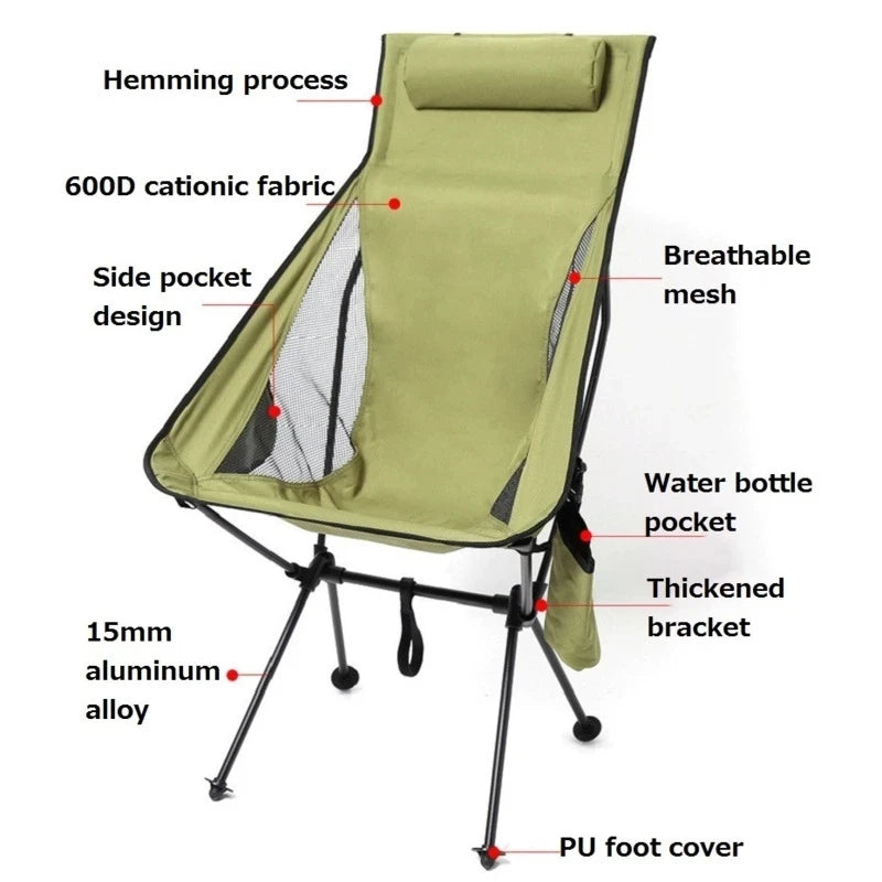 Outdoor Folding Moon Chairs: Ultralight Aluminum Alloy Chairs for Fishing, Picnics, BBQs, and Beach Camping, Portable and Leisurely Option for Outdoor Activities - Delicate Leather