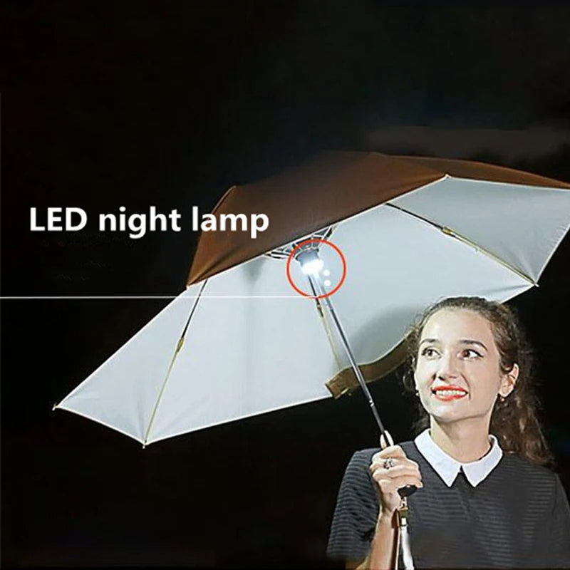 Manual Folding Umbrella with Fan & LED Lighting: Sunscreen UV-Proof Umbrella with USB Charging, Portable Cooling Mini Women Sunshade Umbrella for Outdoor Use - Delicate Leather