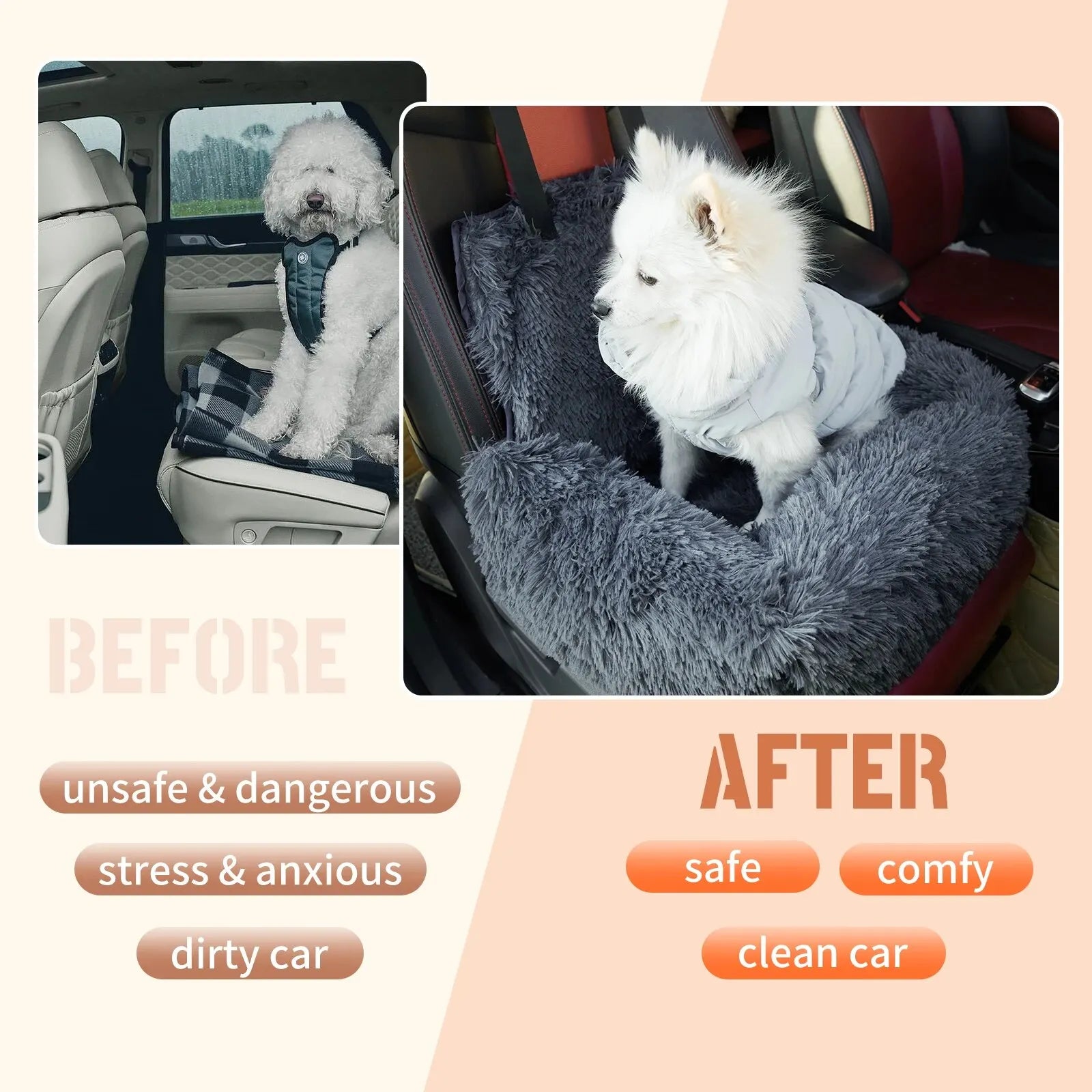 Pet Car Seat Dog Travel Multi-Functional Seat, Warm Plush Pet Booster Seat Travel Dog Car Bed with Storage Pocket and Clip-On Safety Leash Comfortable Dogs Car Seat