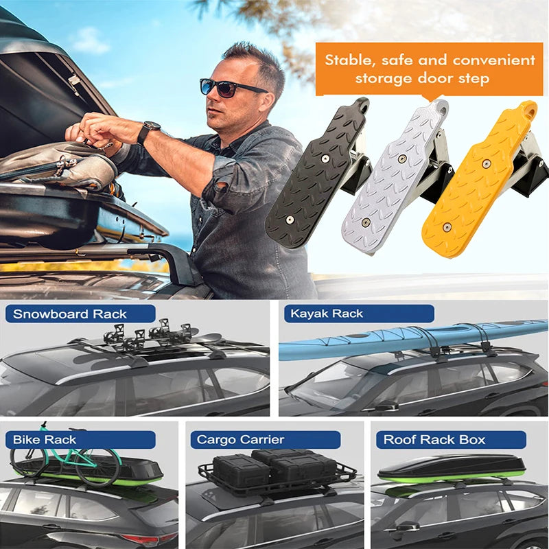 2024 Upgraded Universal Fit Car Door Step: Adjustable Foldable Roof Rack Door Step with 7 Gears, Both Feet Stand Pedal Ladder, Max Load 500 lbs - Provides Roof Access for Cars, SUVs, and Trucks - Delicate Leather