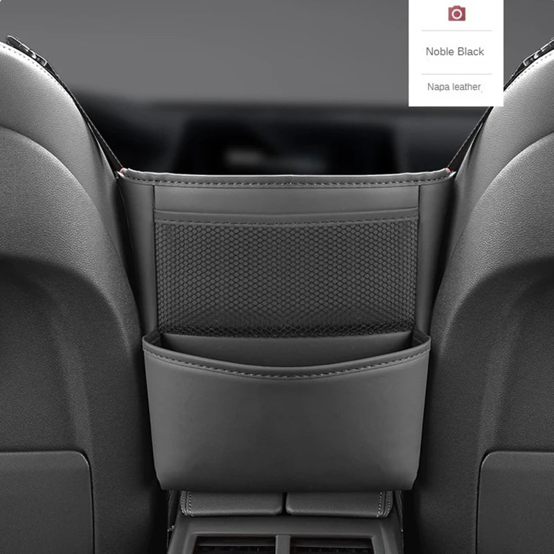 Multifunctional PU Leather Car Seat Middle Storage Bag: Armrest Hanging Organizer with Net Pocket, Cup Holder, and Tissue Storage for Handbags - Delicate Leather