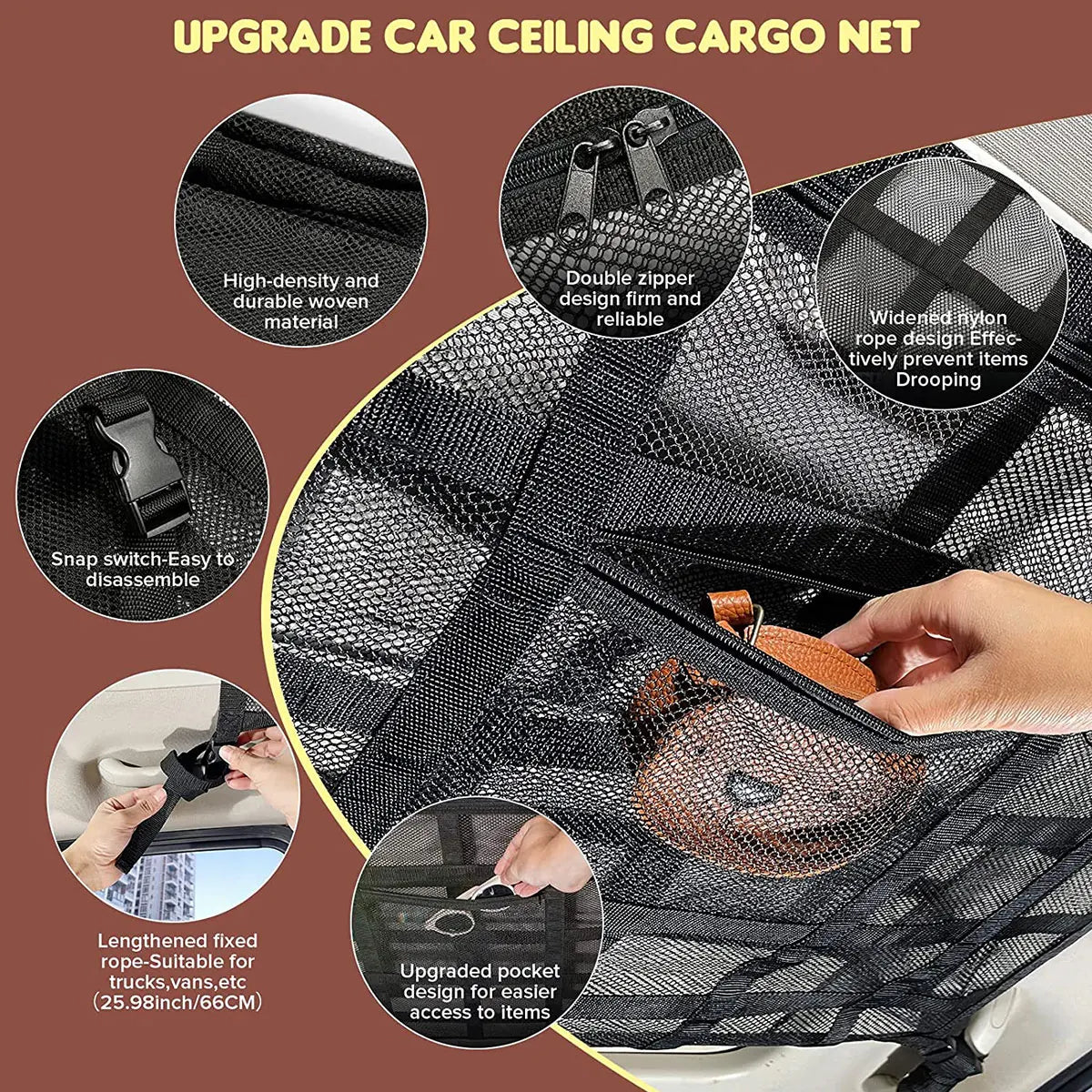 Car Ceiling Cargo Net and Net Pocket Kit, Car Roof Storage Organizer,Truck SUV Travel Long Road Trip Camping Interior Accessories - Delicate Leather