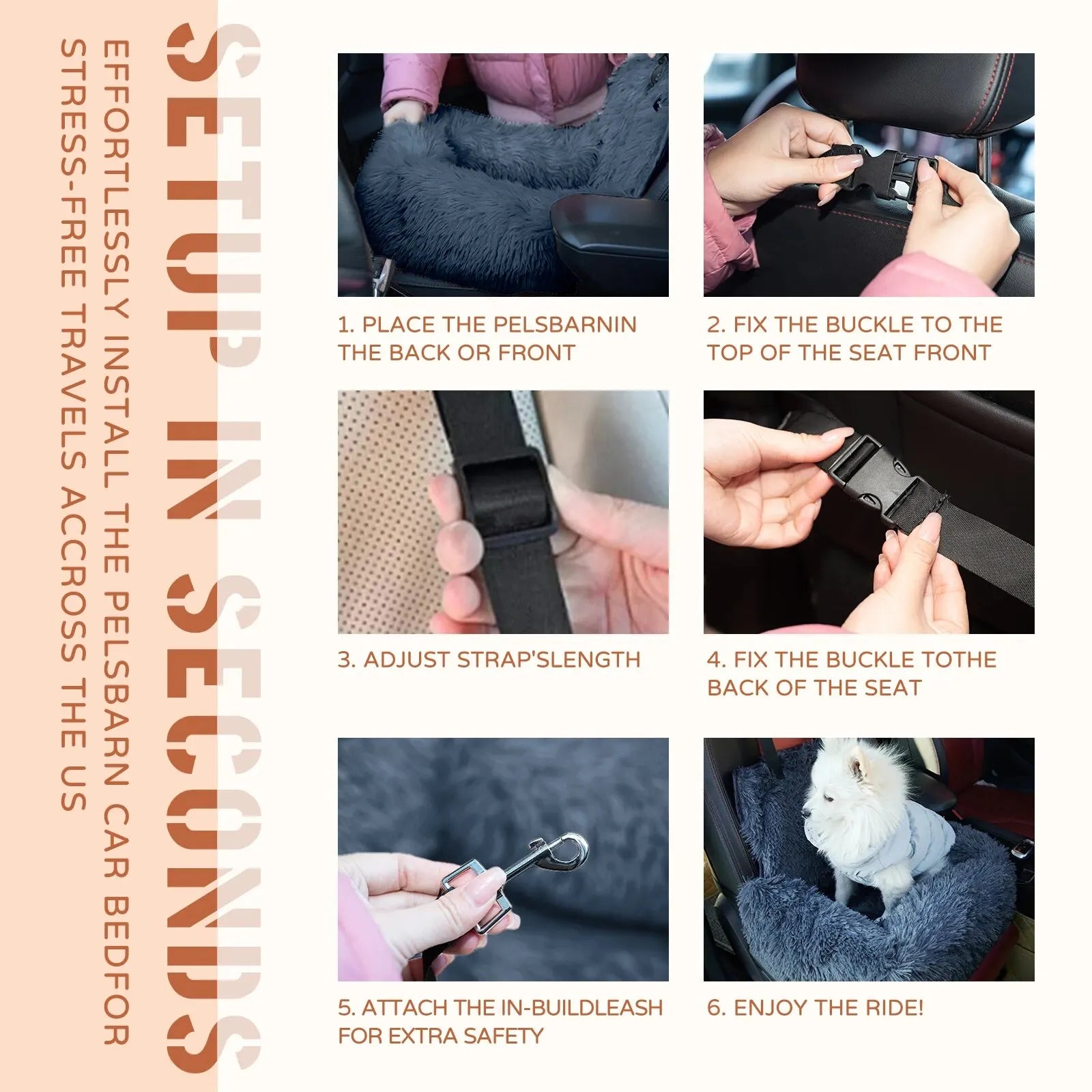 Pet Car Seat Dog Travel Multi-Functional Seat, Warm Plush Pet Booster Seat Travel Dog Car Bed with Storage Pocket and Clip-On Safety Leash Comfortable Dogs Car Seat - Delicate Leather