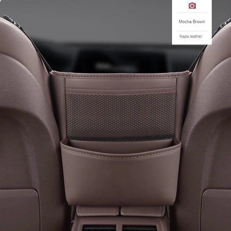 Multifunctional PU Leather Car Seat Middle Storage Bag: Armrest Hanging Organizer with Net Pocket, Cup Holder, and Tissue Storage for Handbags - Delicate Leather