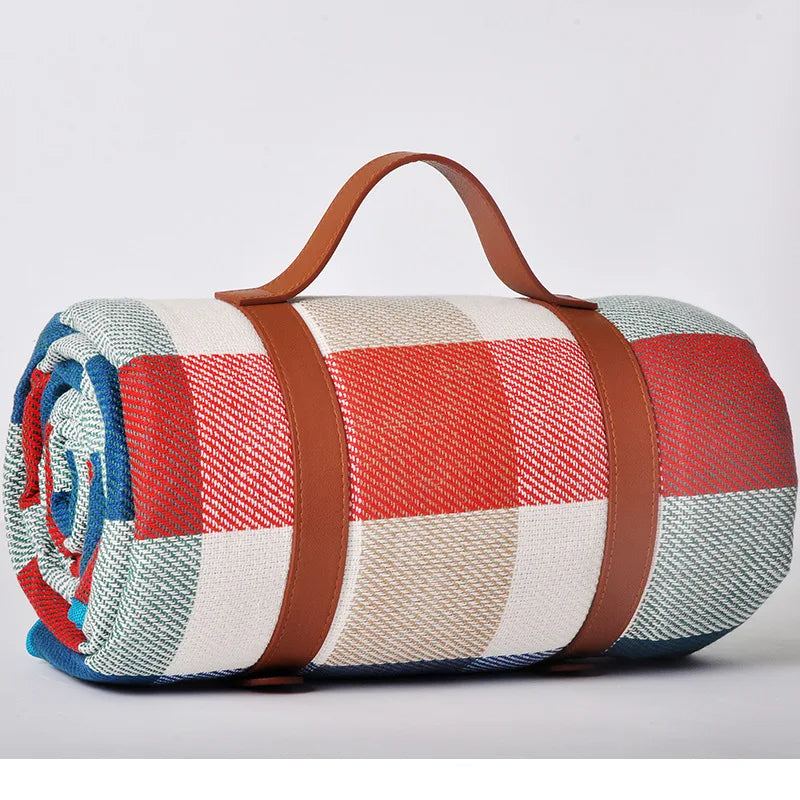 Waterproof Outdoor Picnic Mat Colorful Plaid Stripe Rectangular Sleeping Blanket Pad, Ideal for Camping, Beach Trips, and as a Living Room Carpet - Delicate Leather