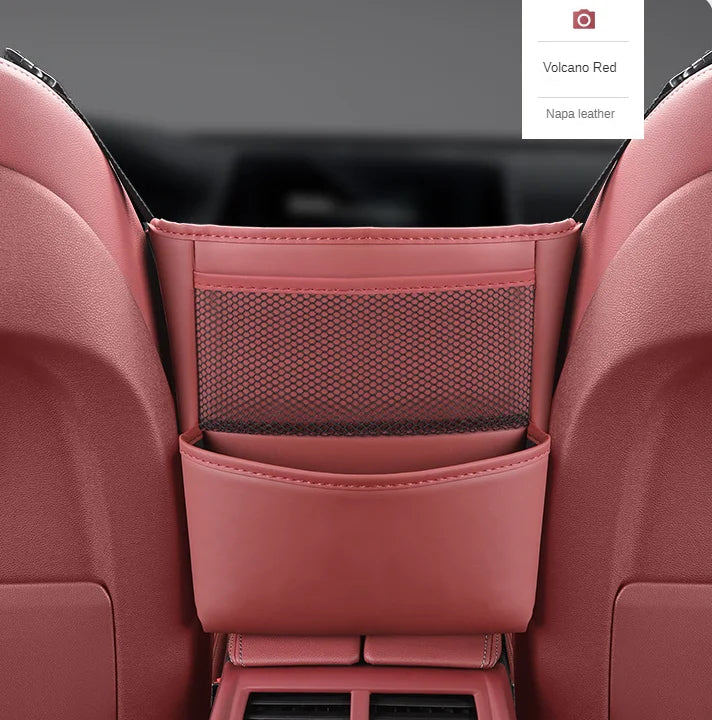 Multifunctional PU Leather Car Seat Middle Storage Bag: Armrest Hanging Organizer with Net Pocket, Cup Holder, and Tissue Storage for Handbags - Delicate Leather