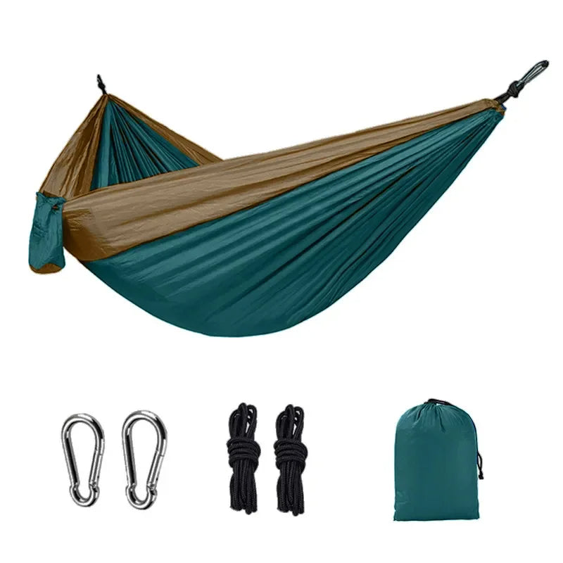 New Single Person Portable Outdoor Camping Hammock: High Strength Parachute Fabric Hanging Bed with Nylon Color Matching Hammock - Delicate Leather