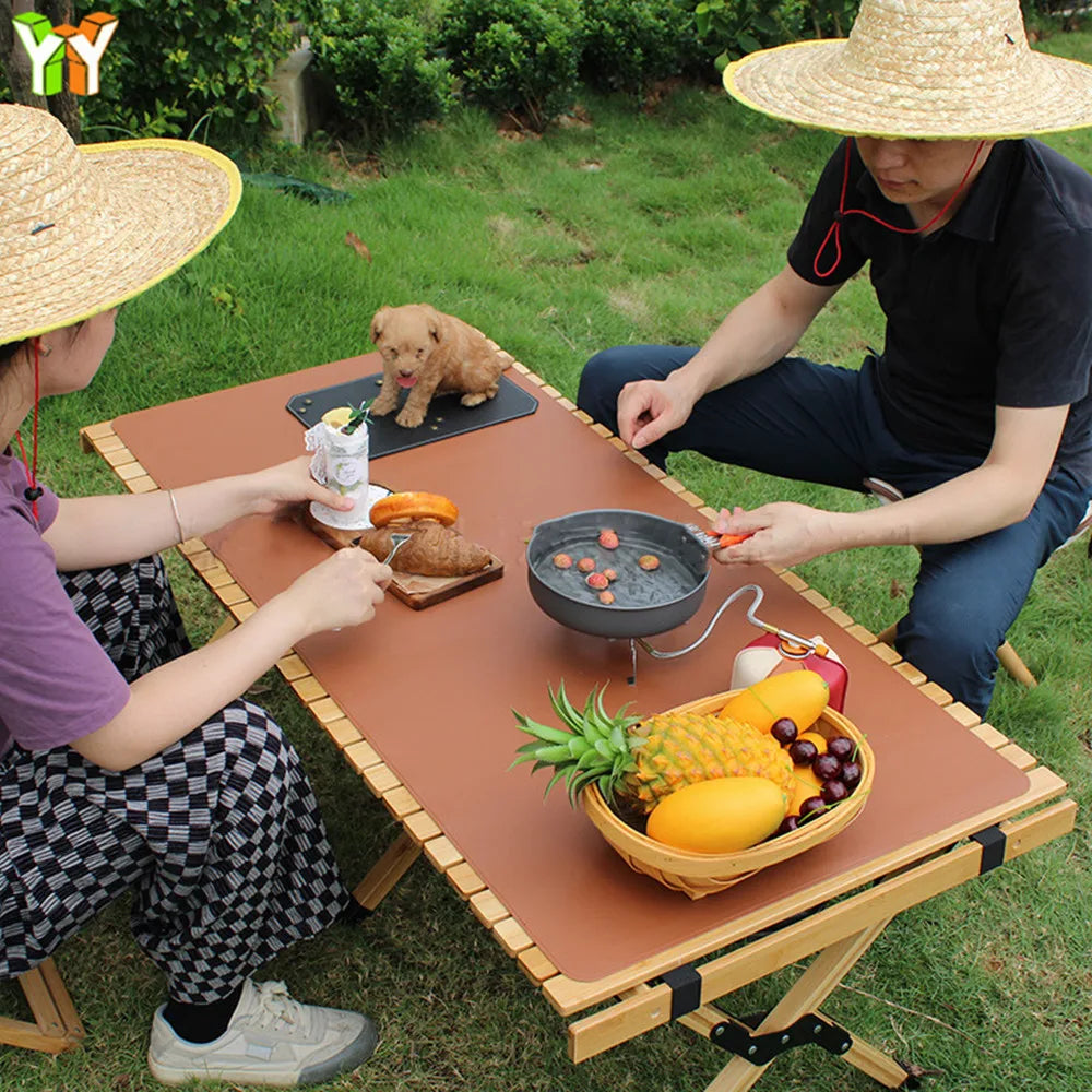 Table Mat Camping Wood Roll Table Mat PU Leather Thicken Waterproof Heat-Resistant Wooden Desk Pad For Outdoor Picnic BBQ - Delicate Leather