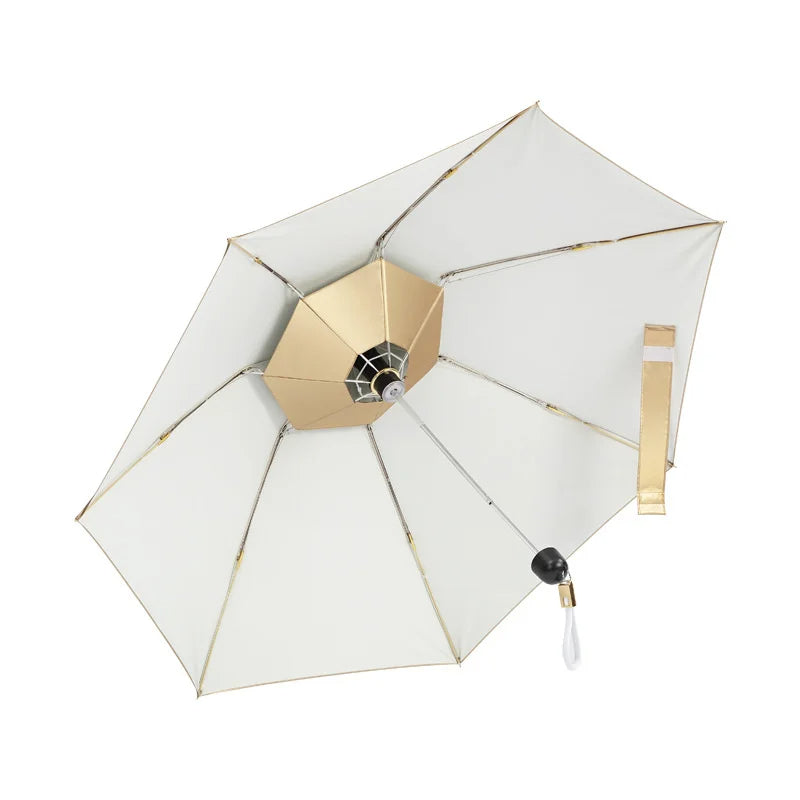 Manual Folding Umbrella with Fan & LED Lighting: Sunscreen UV-Proof Umbrella with USB Charging, Portable Cooling Mini Women Sunshade Umbrella for Outdoor Use - Delicate Leather