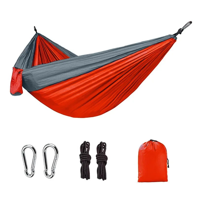 New Single Person Portable Outdoor Camping Hammock: High Strength Parachute Fabric Hanging Bed with Nylon Color Matching Hammock - Delicate Leather