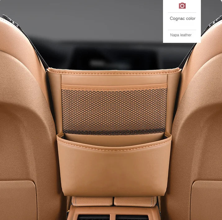 Multifunctional PU Leather Car Seat Middle Storage Bag: Armrest Hanging Organizer with Net Pocket, Cup Holder, and Tissue Storage for Handbags - Delicate Leather