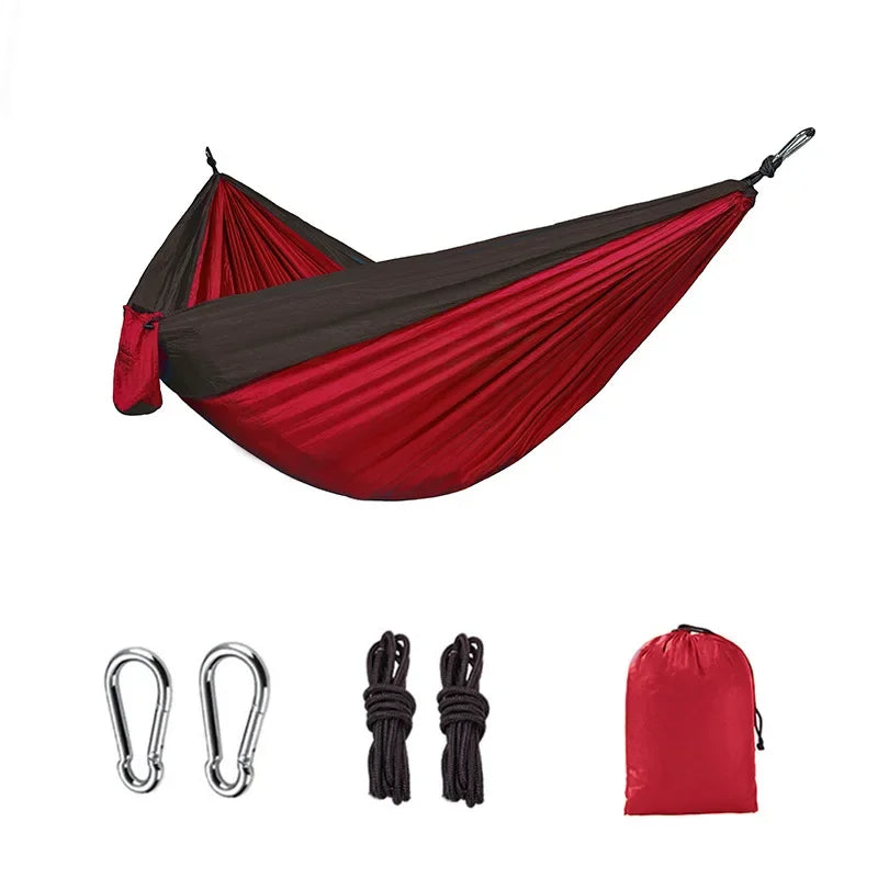 New Single Person Portable Outdoor Camping Hammock: High Strength Parachute Fabric Hanging Bed with Nylon Color Matching Hammock - Delicate Leather