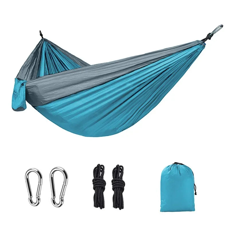 New Single Person Portable Outdoor Camping Hammock: High Strength Parachute Fabric Hanging Bed with Nylon Color Matching Hammock - Delicate Leather