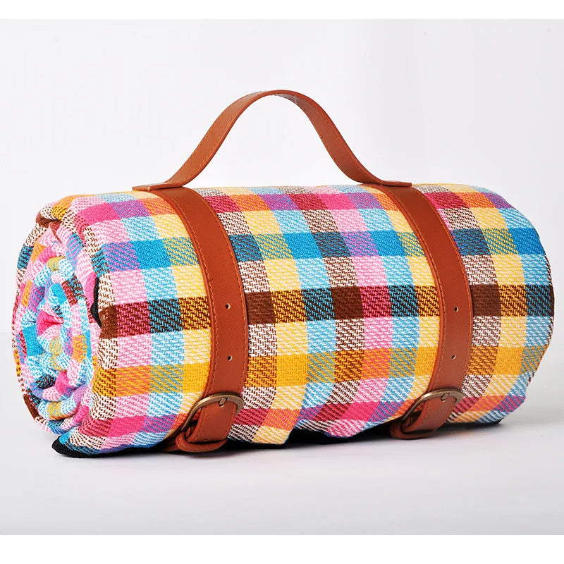 Waterproof Outdoor Picnic Mat Colorful Plaid Stripe Rectangular Sleeping Blanket Pad, Ideal for Camping, Beach Trips, and as a Living Room Carpet - Delicate Leather
