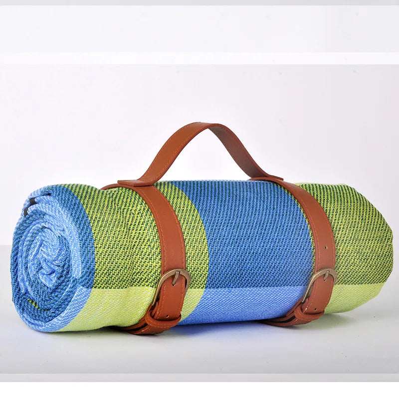 Waterproof Outdoor Picnic Mat Colorful Plaid Stripe Rectangular Sleeping Blanket Pad, Ideal for Camping, Beach Trips, and as a Living Room Carpet - Delicate Leather