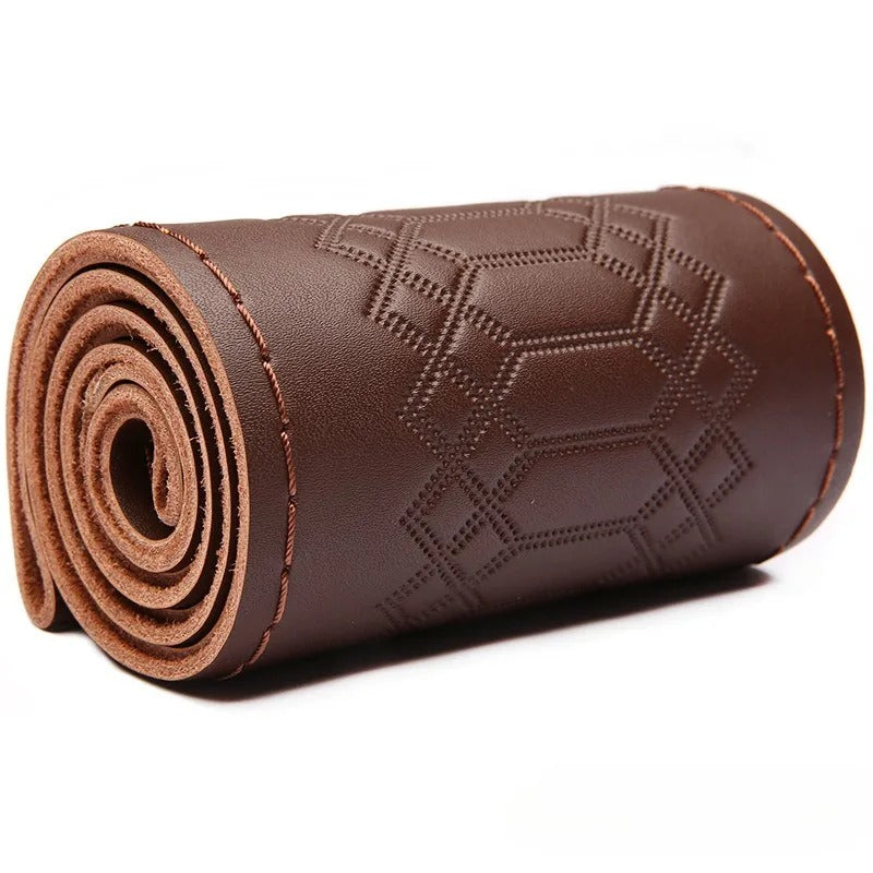 Genuine Leather Embossed Braiding Steering Wheel Cover - Hand-Stitched Anti-Slip Car Decoration Accessory