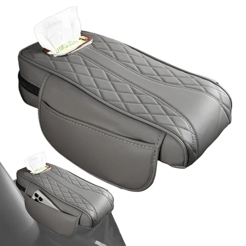 Comfortable Car Armrest Cover with Tissue Box Holder – Multi-Functional Center Console Storage for SUVs and Cars - Delicate Leather