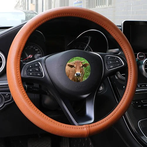 Leather Car Steering Wheel Cover - Wavy Line Design with Silica Gel Liner