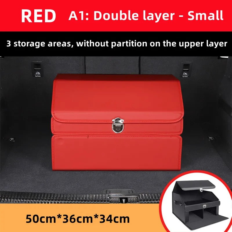 Luxury Leather Car Trunk Organizer – Large-Capacity Foldable Storage Box for BMW, Benz, Tesla, VW & More - Delicate Leather