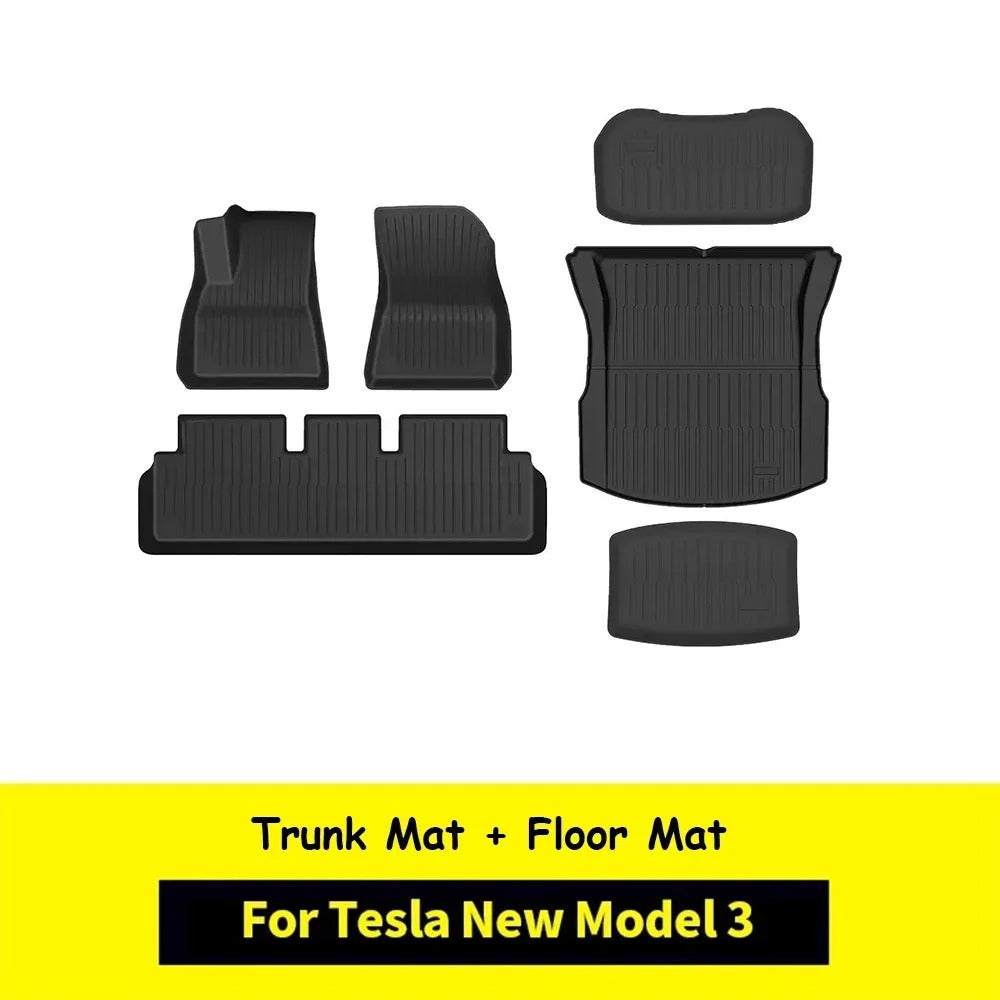 TPE Floor Mats for New Tesla Model 3 Highland 2024 - Waterproof Luggage Mat, Wear-Resistant Foot Pads, Trunk Mats Accessories - Delicate Leather