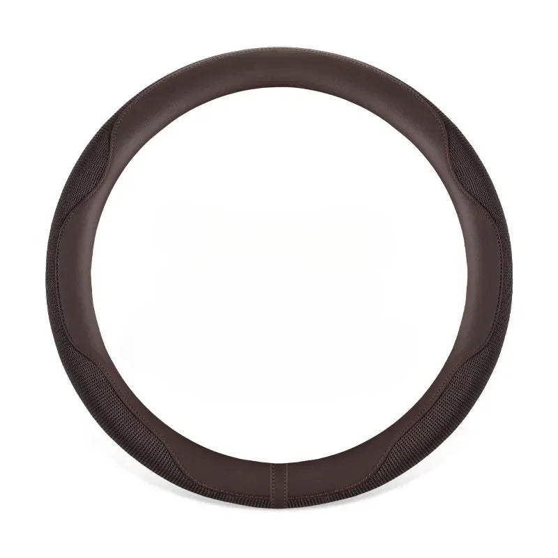 Leather Steering Wheel Cover with Breathable Ice Silk Mesh – Universal Fit for 14.5"-15" Steering Wheels - Delicate Leather