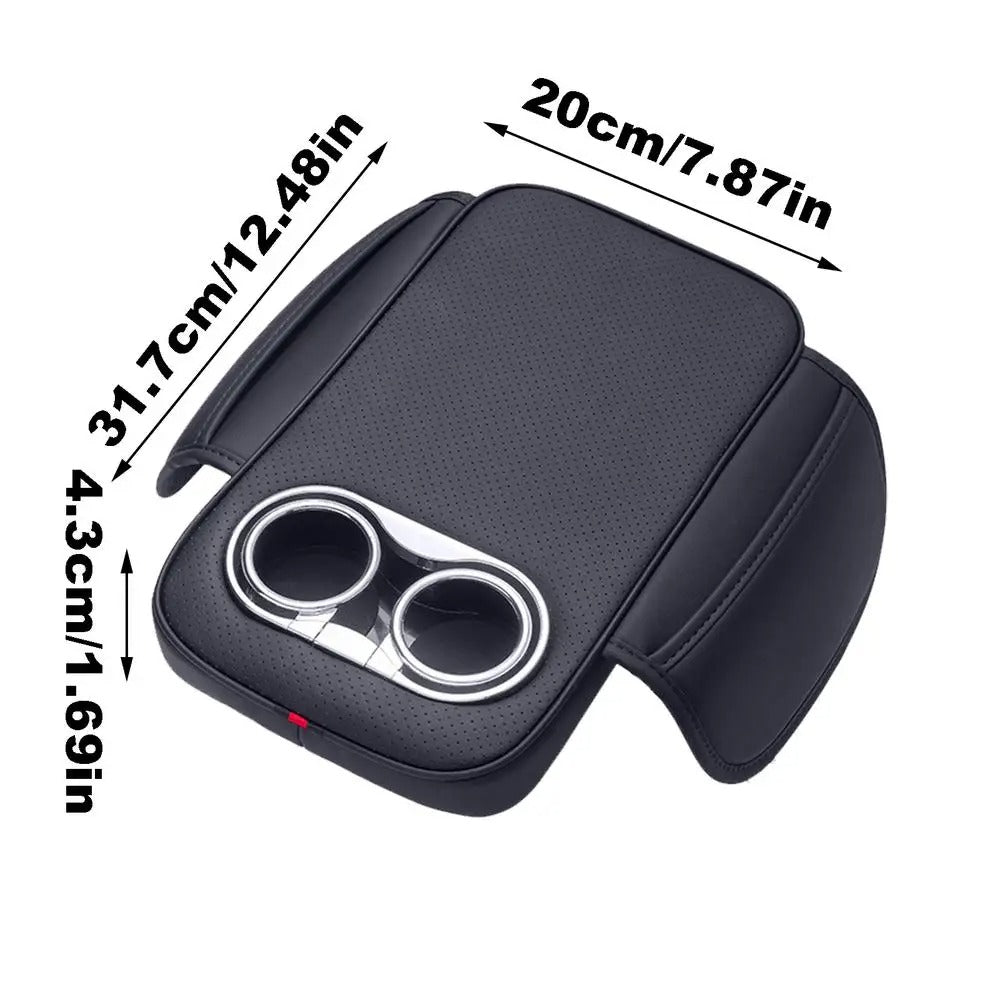 PU Leather Car Armrest Cushion with 2 Cup Holders, Side Pocket, and Heightened Center Console Pad Cover - Delicate Leather