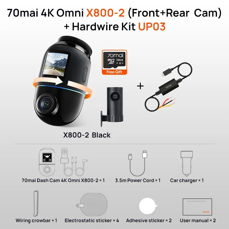 70mai X800 Omni 4K Dash Cam – Global Version, 360° Rotation, Dual-Channel, HDR, 4G Compatible, Supercapacitor Technology