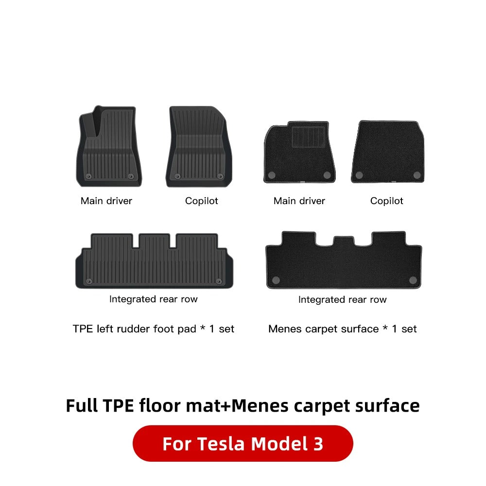 TPE Waterproof Anti-Slip Floor & Trunk Mat Set for Tesla Model Y (2021-2024) and Model 3 Highland - All-Weather Floor Liner - Delicate Leather