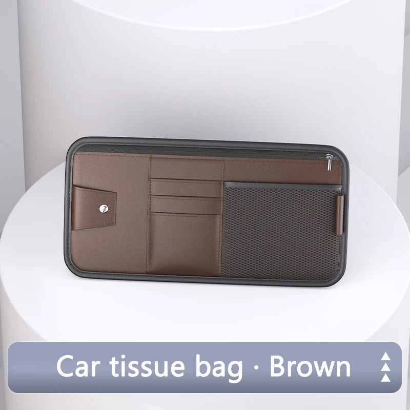 PU Leather Car Sun Visor Organizer – Multi-Pocket Storage Bag with Card Holder, Glasses Clip & Document Pocket - Delicate Leather