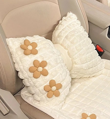 Cartoon Flower Winter Plush Car Seat Cushion Cover - Universal Fit for Five-Seat Cars - Delicate Leather