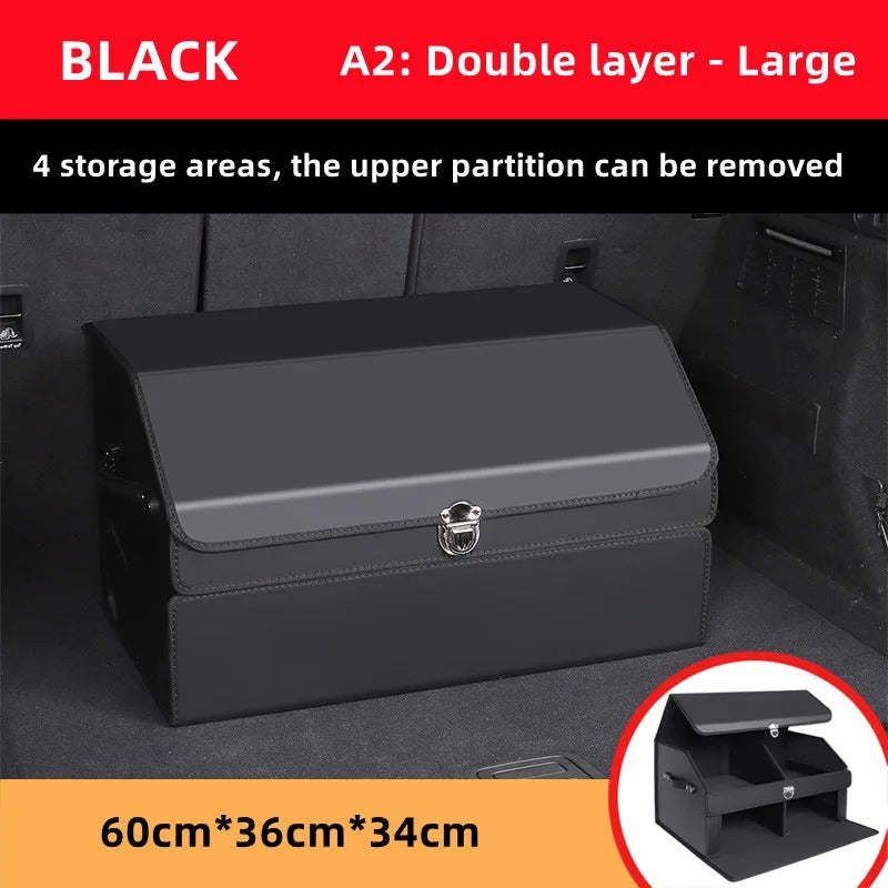 Luxury Leather Car Trunk Organizer – Large-Capacity Foldable Storage Box for BMW, Benz, Tesla, VW & More - Delicate Leather