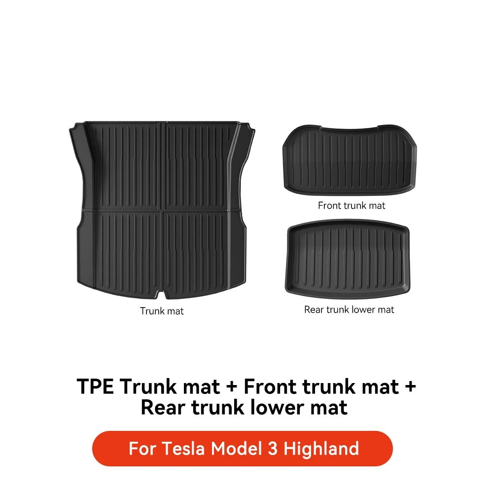 TPE Car Floor Mats & Luggage Mat Set for Tesla Model 3 Highland/Model Y (2019-2024) - Four Seasons Waterproof Anti-Slip Trunk Mat - Delicate Leather