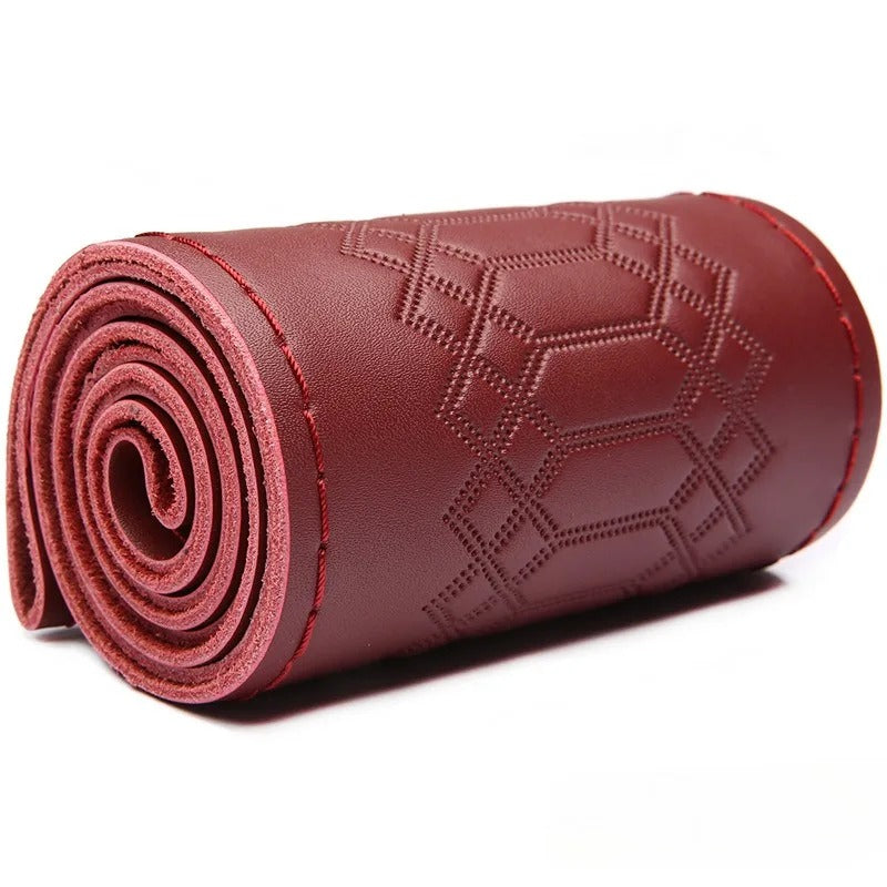 Genuine Leather Embossed Braiding Steering Wheel Cover - Hand-Stitched Anti-Slip Car Decoration Accessory