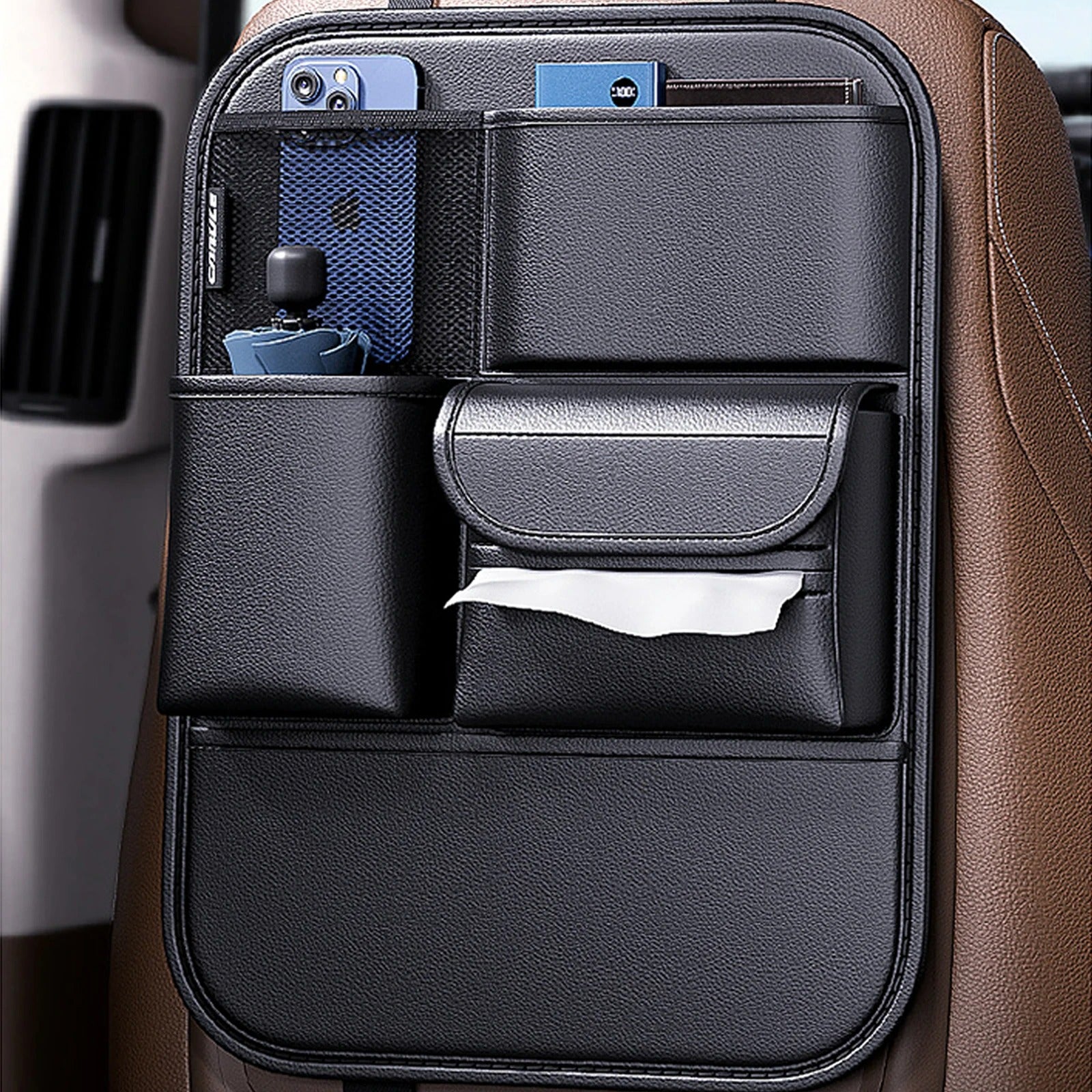 High-Capacity PU Leather Car Backseat & Trunk Organizer – Adjustable 5-Bag Storage Solution - Delicate Leather