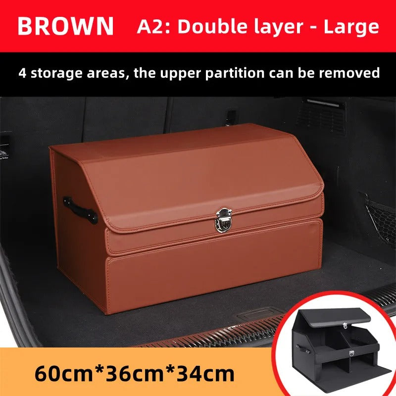Luxury Leather Car Trunk Organizer – Large-Capacity Foldable Storage Box for BMW, Benz, Tesla, VW & More - Delicate Leather