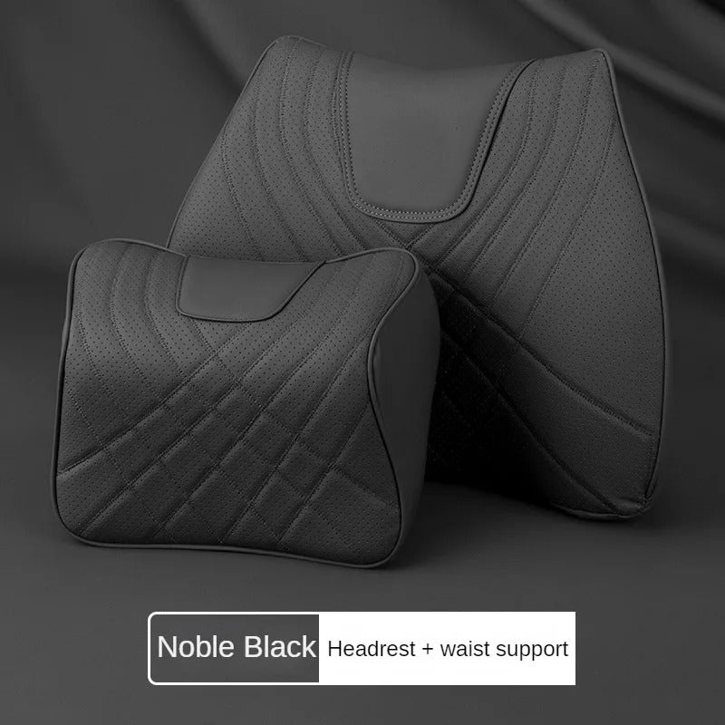 Leather Car Headrest & Lumbar Pillow Set – Memory Foam Neck and Waist Support - Delicate Leather