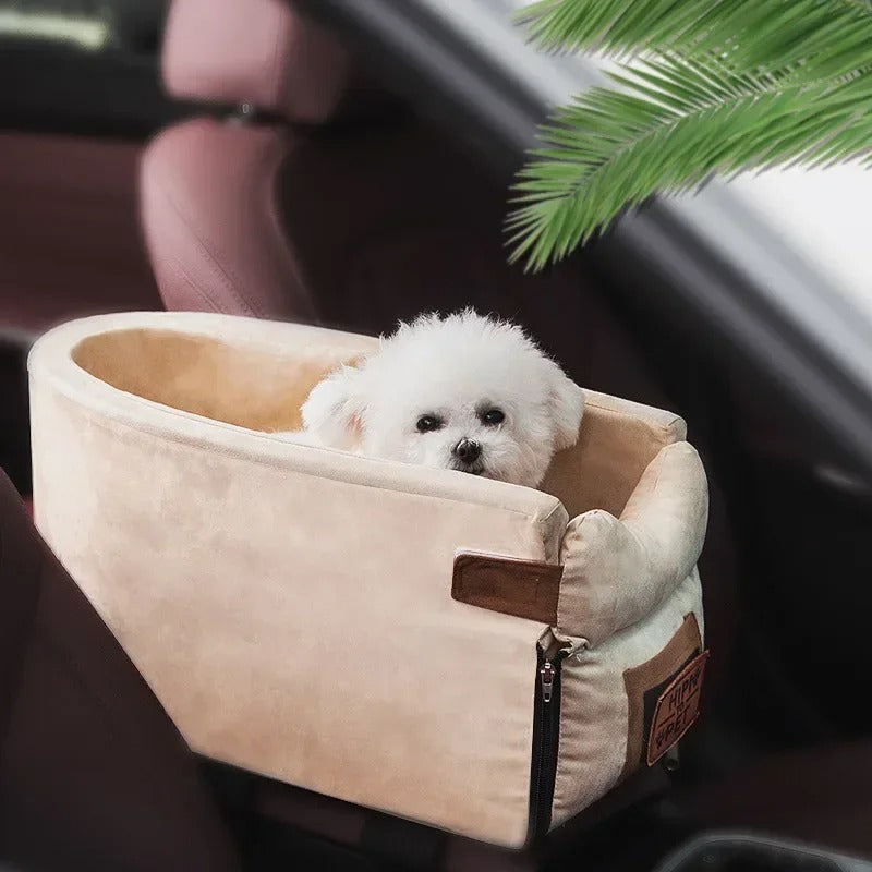 Small Pet Car Safety Seat - Portable Console Pet Nest for Cats & Small Dogs - Delicate Leather